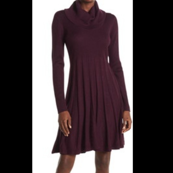 Calvin Klein Cowl Neck Fit & Flare Sweater Dress Aubergine Size Medium - Picture 1 of 11